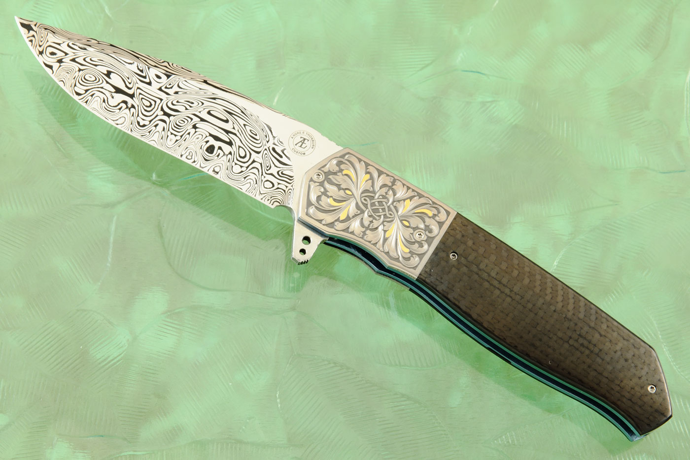 L36M Flipper with Carbon Fiber, Damascus, and Engraved Titanium with Gold Inlay (Ceramic IKBS)