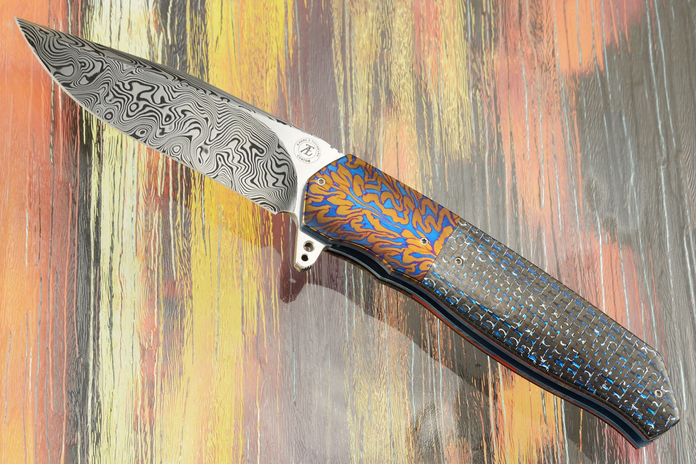 L36M Flipper with Blue/Silver Carbon Fiber, Damascus, and Timascus (Ceramic IKBS)