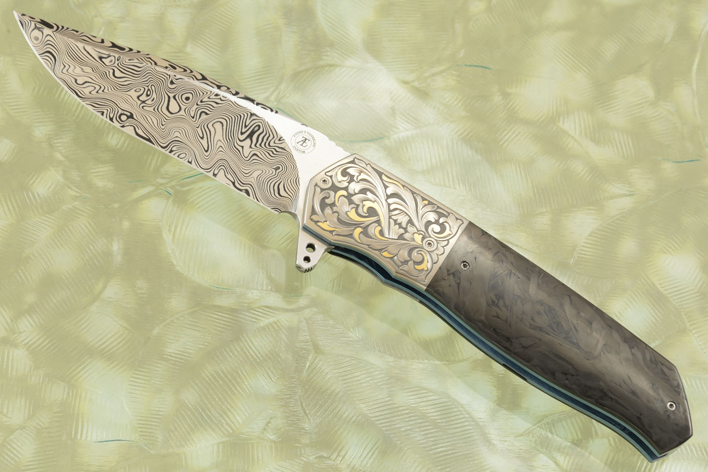 L36M Flipper with Marble Carbon Fiber, Damascus, and Engraved Titanium with Gold Inlay (Ceramic IKBS)