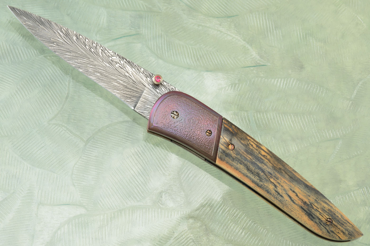 Feather Damascus Folder with Mammoth Ivory
