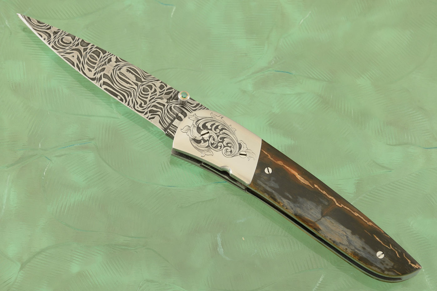 Engraved Spirograph Damascus Folder with Mammoth Ivory