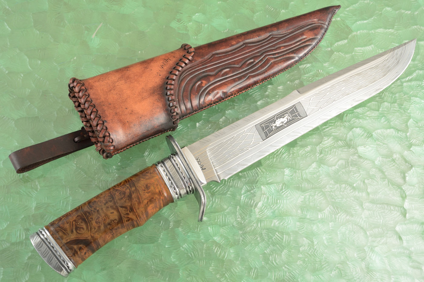 Spider Damascus Bowie with Maple Burl