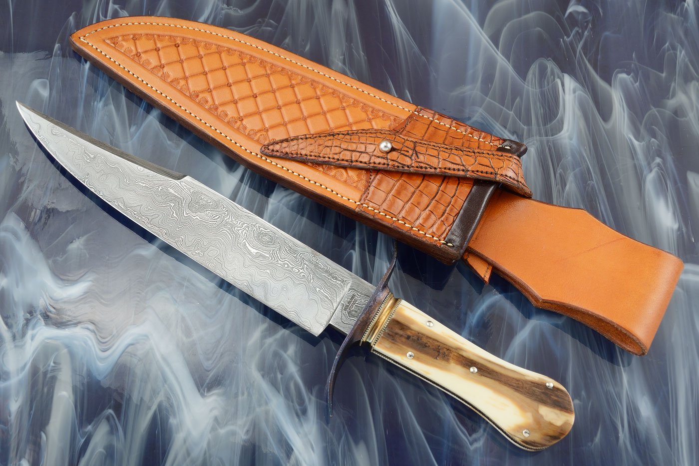 Damascus Bowie with Mammoth Bark and Forged Wrought Iron