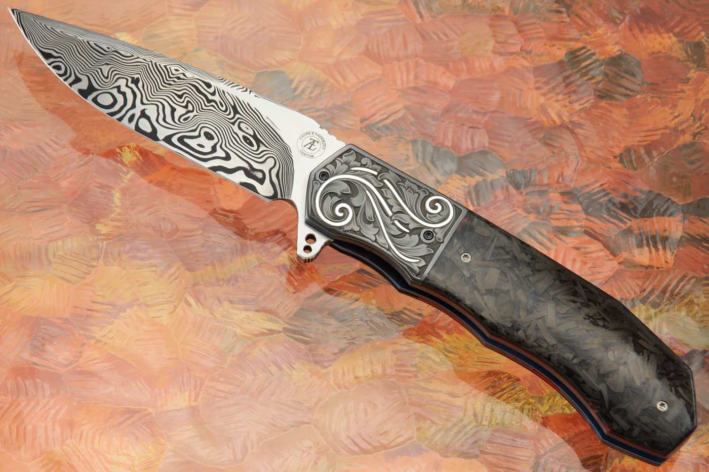L44 Compact Flipper with Shred Carbon Fiber, Damascus, and Engraved Zirconium with Silver Inlays (Ceramic IKBS)