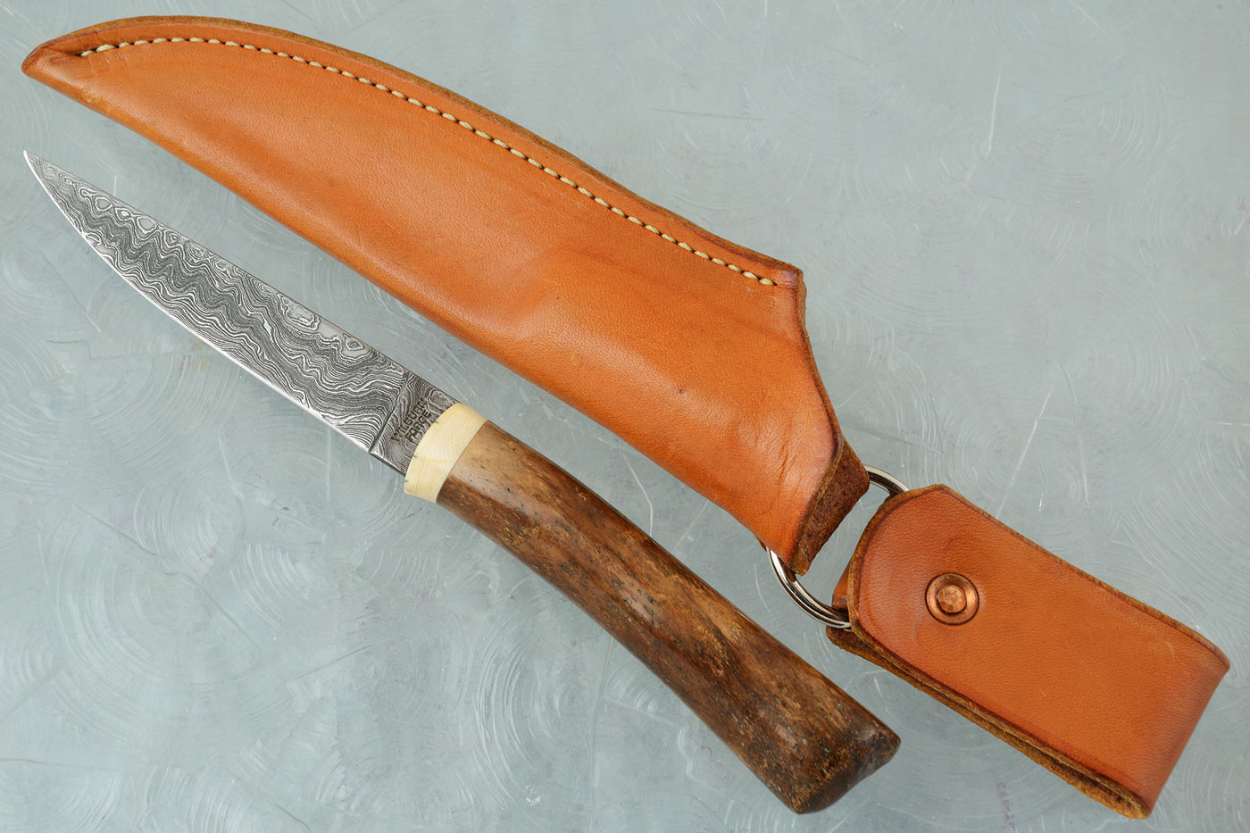 Damascus Utility Knife with Oosic and Mammoth Ivory