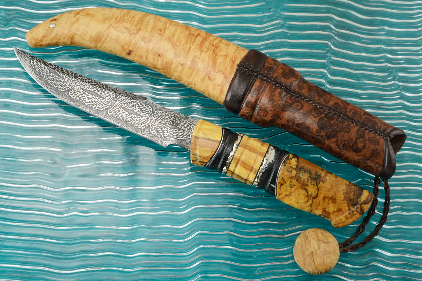 Damascus Clip Point Hunter with Oak Burl and Alder Root