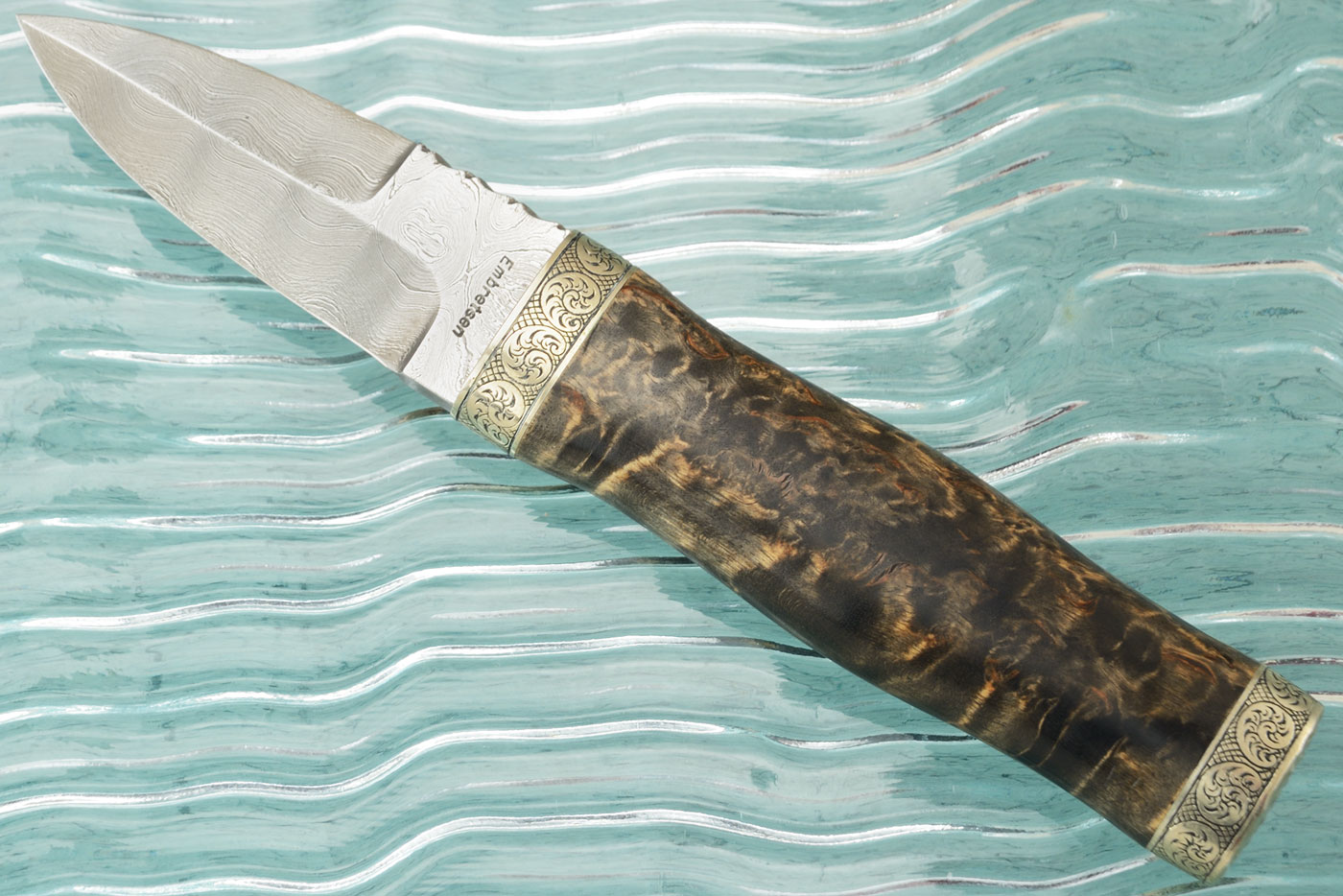 Engraved Boot Dagger with Damascus and Masur Birch