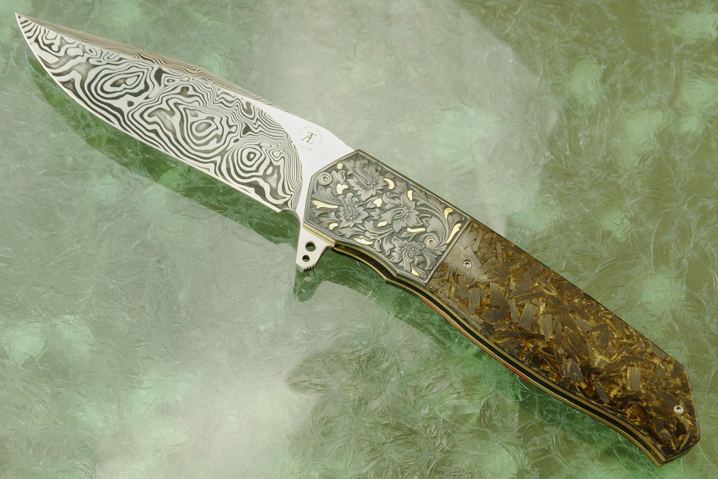 L36M Flipper with Damascus, Engraved Zirconium, Gold Inlay, and Goldleaf Shred Carbon Fiber (Ceramic IKBS)