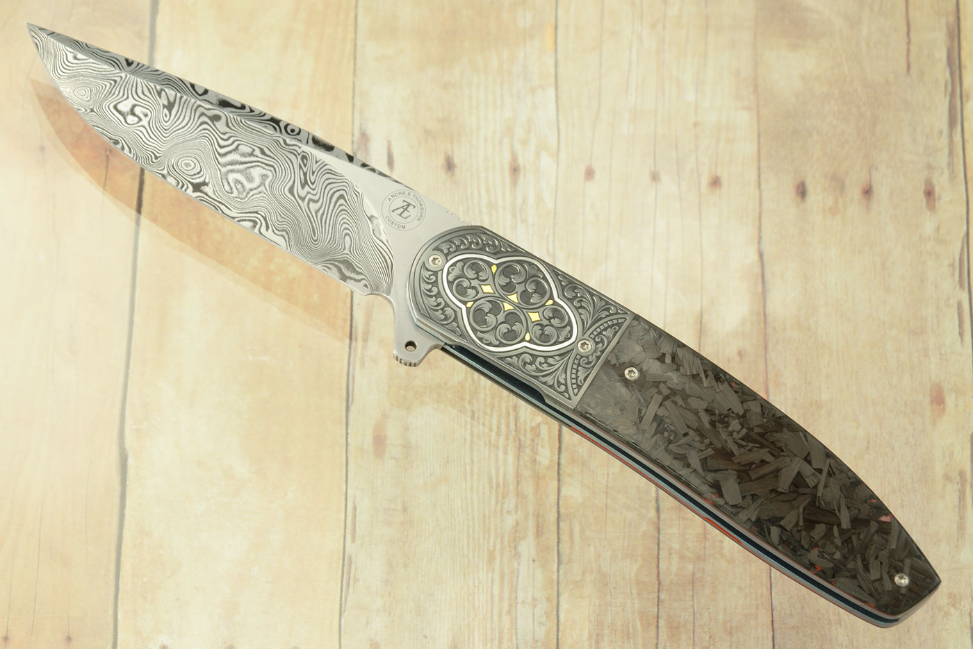 L28 Flipper with Shred Carbon Fiber, Damascus, and Engraved Zirconium with Gold and Silver Inlays (Ceramic IKBS)