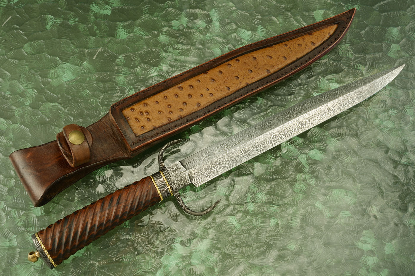 Damascus C-Guard Fighter with Fluted Ironwood