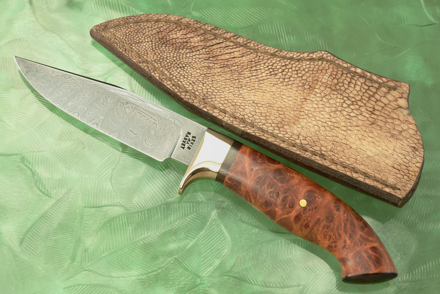 Damascus Clip Point Utility with African Wattle Burl and Red Bushwillow