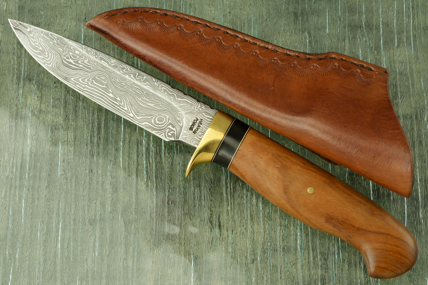 Damascus Drop Point Hunter with Wild Olive