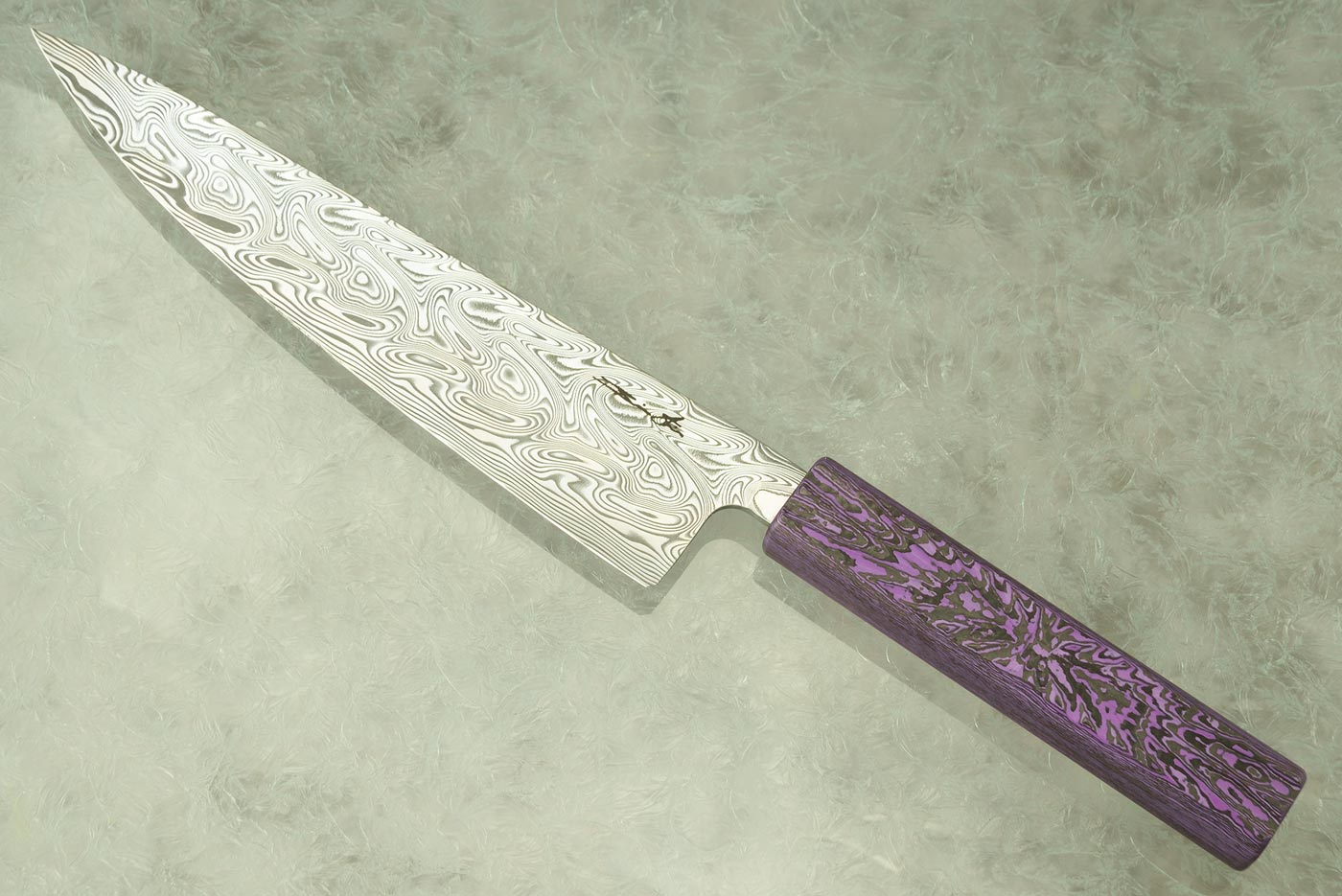 Damascus Chef's Knife (Gyuto) with Purple and Black FatCarbon, 8 Inch
