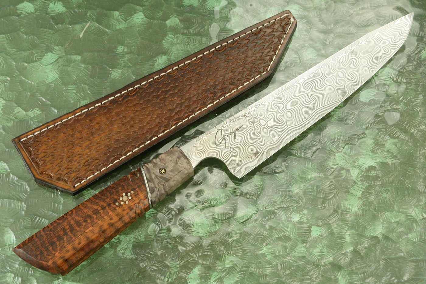 Damascus Chef's Knife (9 in) with Snakewood and Birch