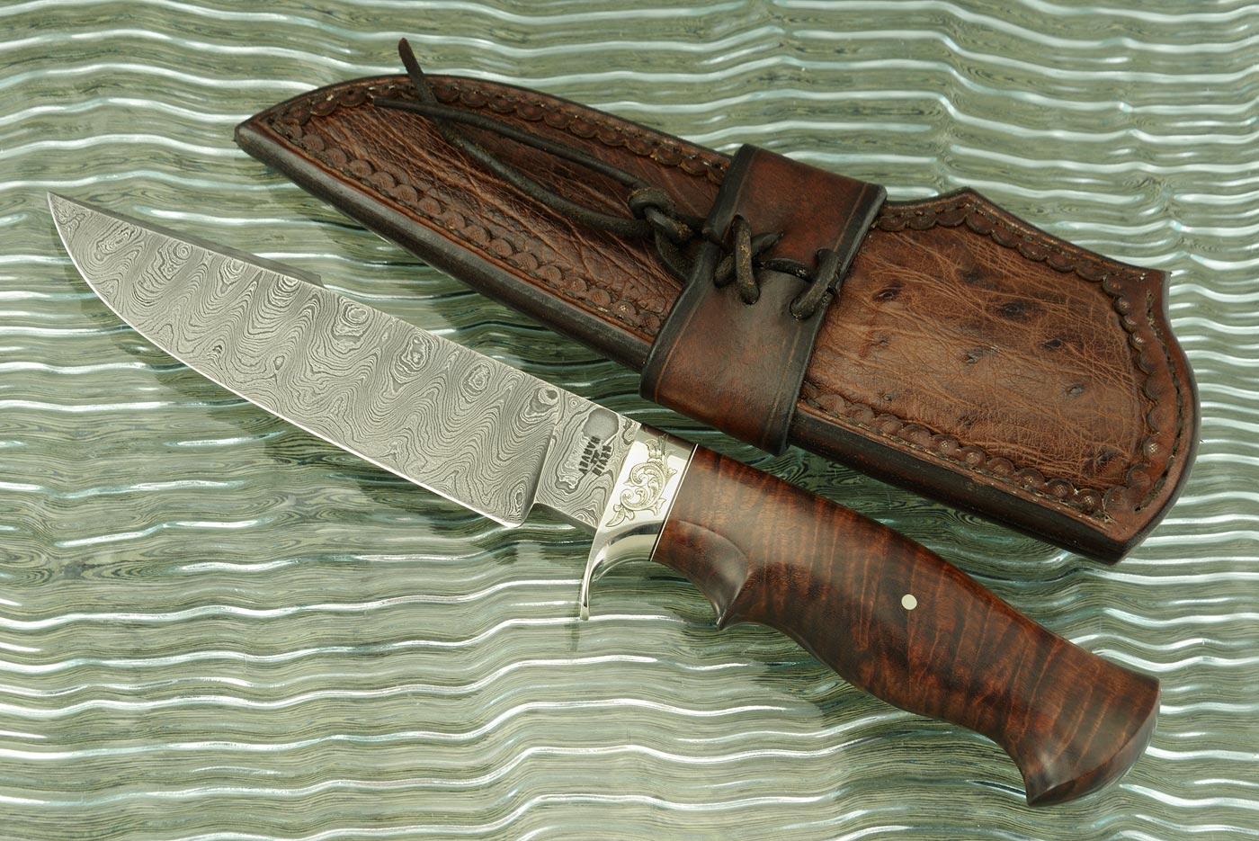 Engraved Harpoon Point Hunter/Camp Knife with Ringed Gidgee and Damascus