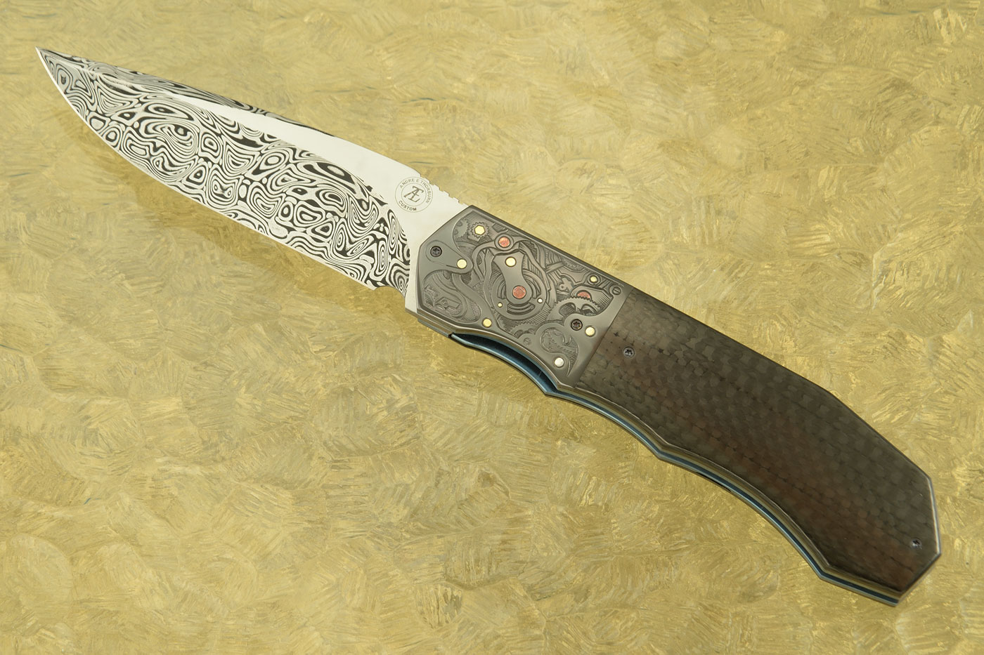 Gears - L44M Flipper with Carbon Fiber, Damascus, and Engraved Zirconium (Ceramic IKBS)