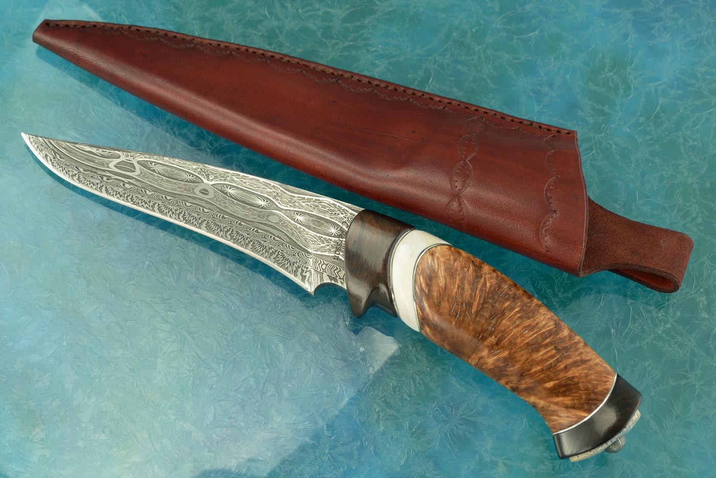 Damascus Swedish Hunter with Willow Root, Ebony, and Reindeer Antler