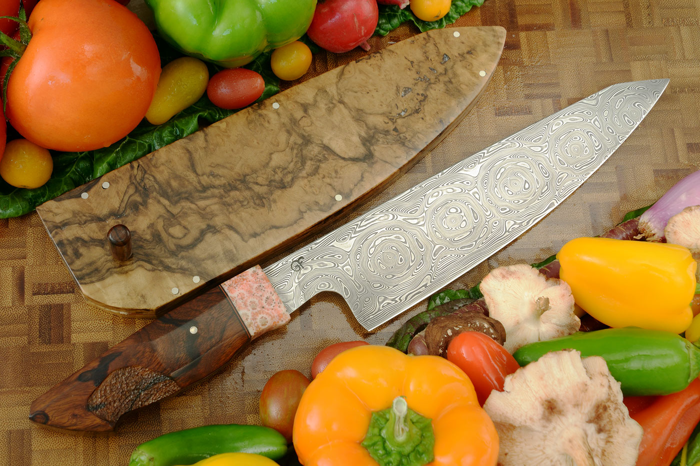 Damascus Chef's Knife (K-Tip Gyuto) with Ironwood and Fossil Coral