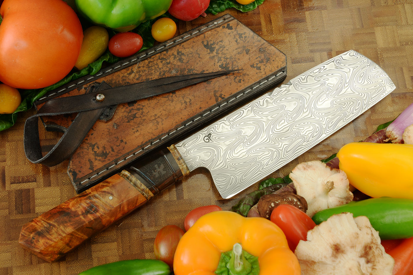 Damascus Chef's Knife (Nakiri) with Spalted Birch and Ironwood