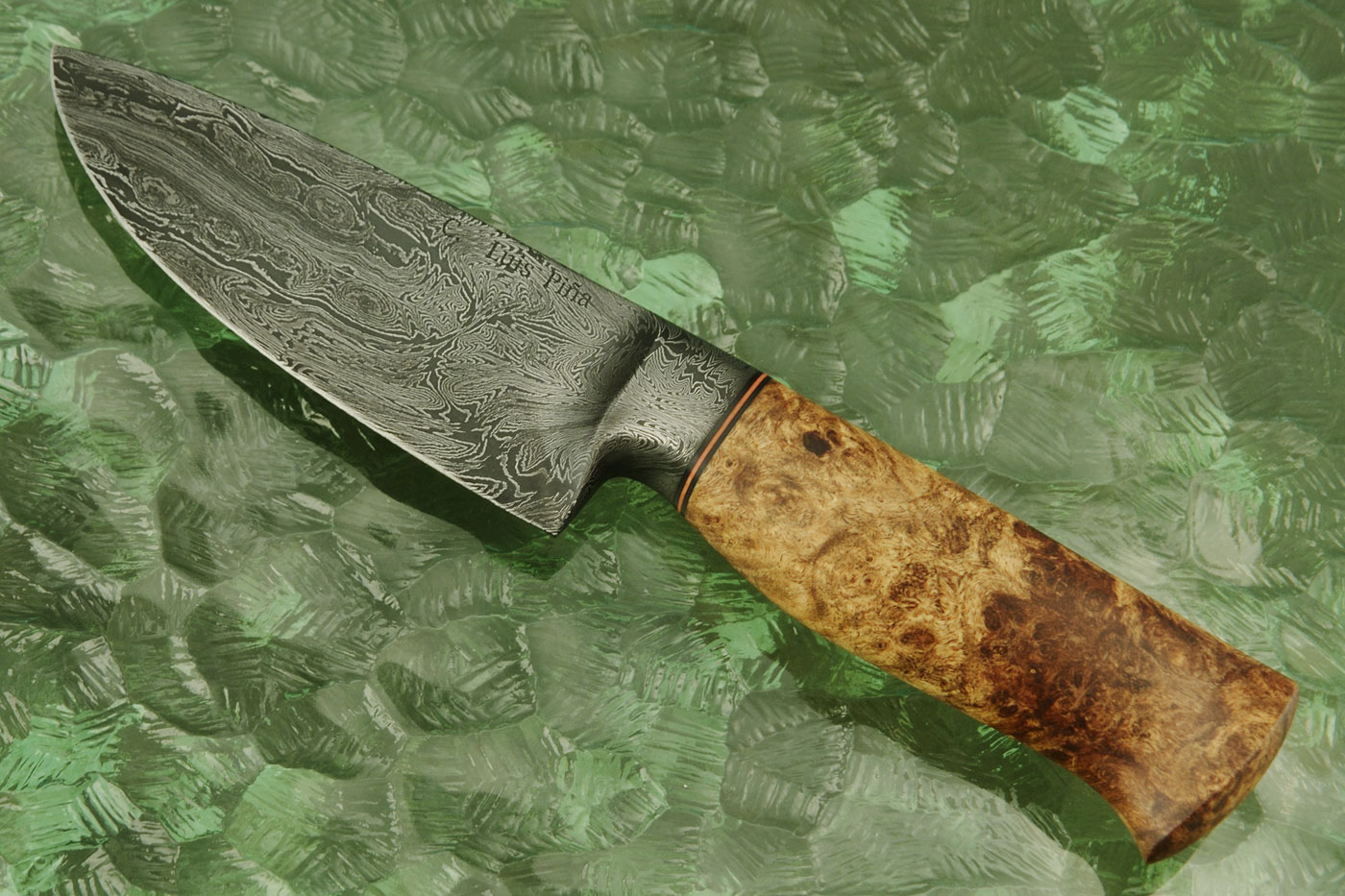 Integral Damascus Drop Point Hunter with Maple Burl