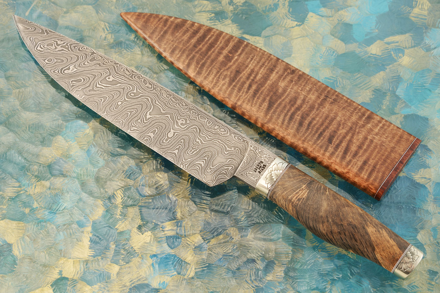 Engraved Damascus Chef's Knife (8 in.) with Oak