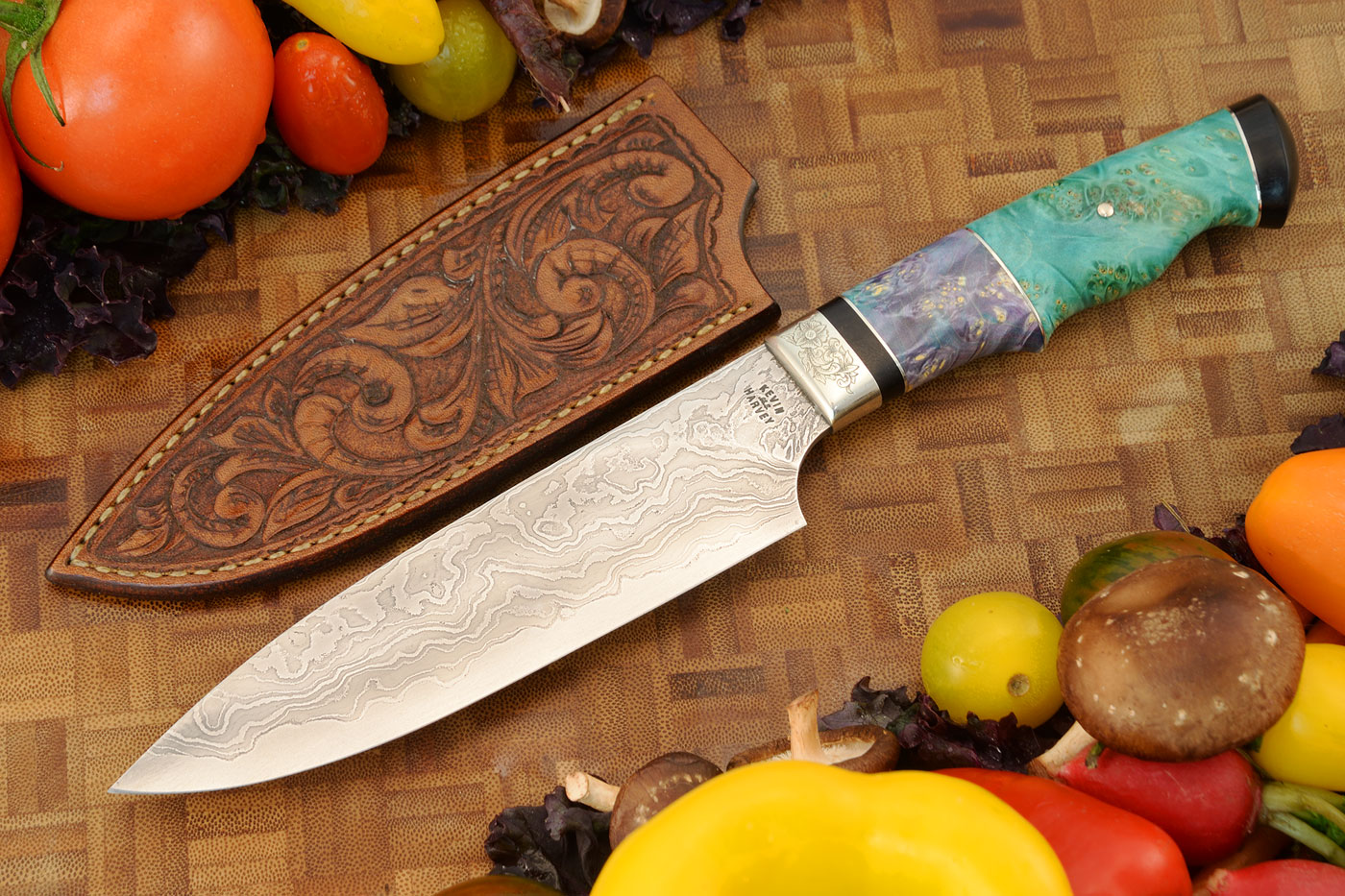 Engraved San Mai Damascus Chef's Knife with Maple Burl (6-1/4