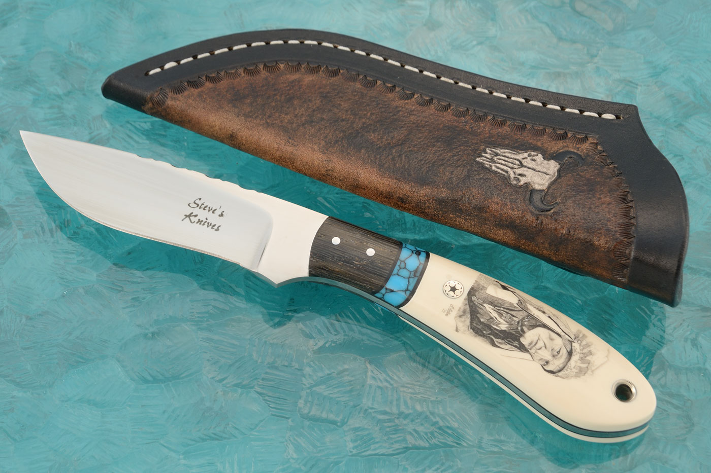 Chief High Bear Scrimshawed  Drop Point Hunter with Mammoth Ivory, Turquoise, and Bog Oak