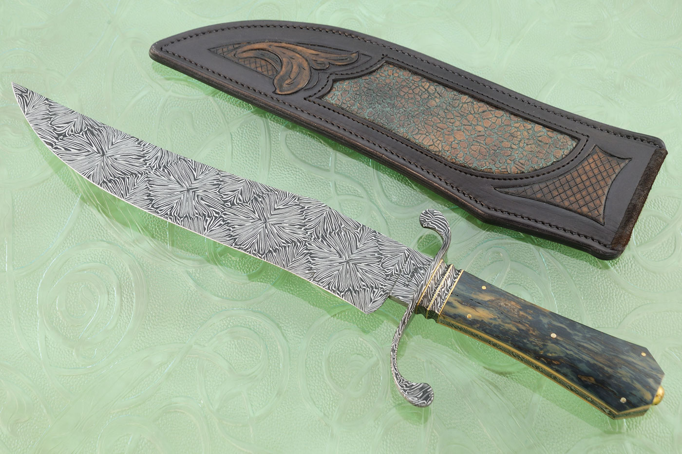 Mosaic Damascus Bowie with Mammoth Bark Frame Handle <br><b><i>Best Bowie, Blade Show 2022</b></i>