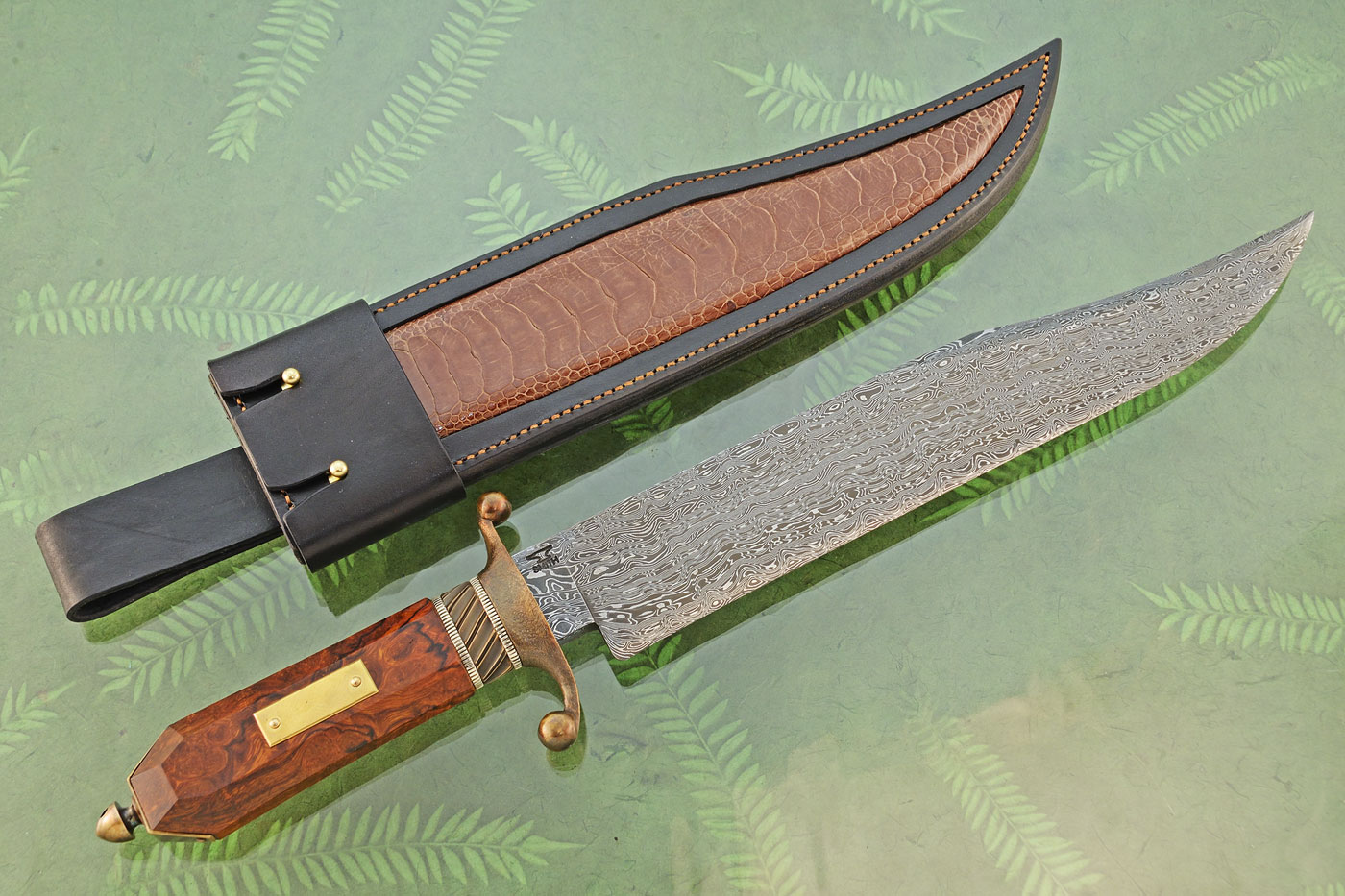 Damascus Clip Point Bowie with Ironwood and Bronze