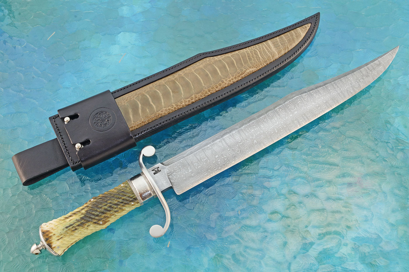 Damascus Gambler Bowie with Fluted Bone