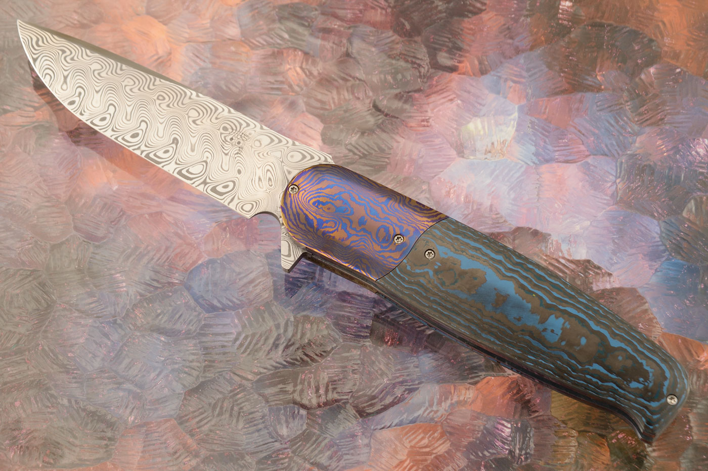 Damascus Flipper with Timascus, and Artic Storm FatCarbon (Ceramic IKBS)