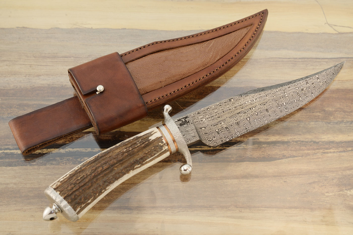 Damascus Bowie with Elk Antler