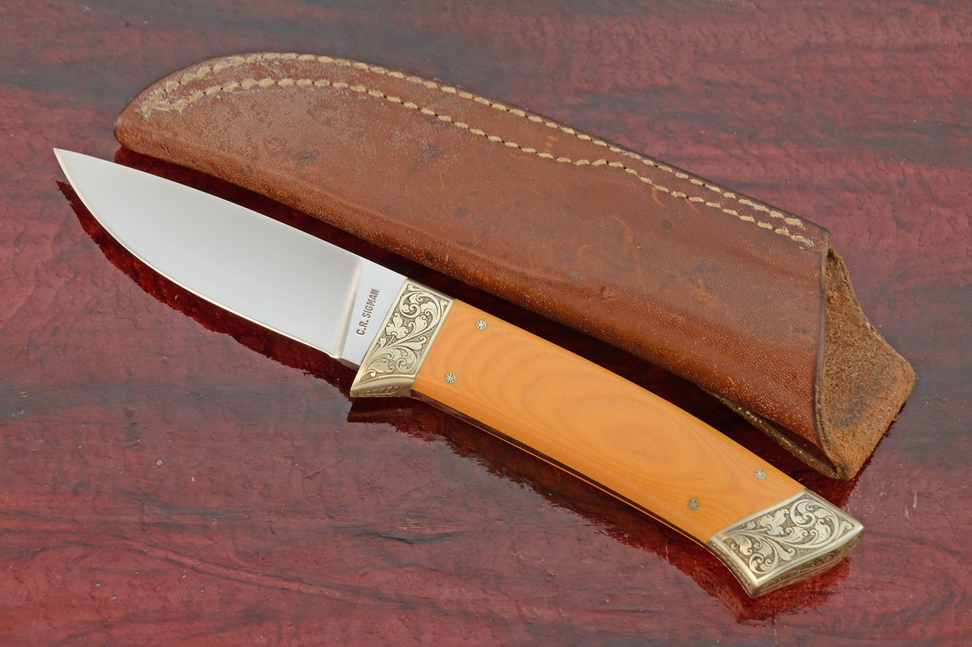 Engraved Drop Point Hunter with Antique Micarta