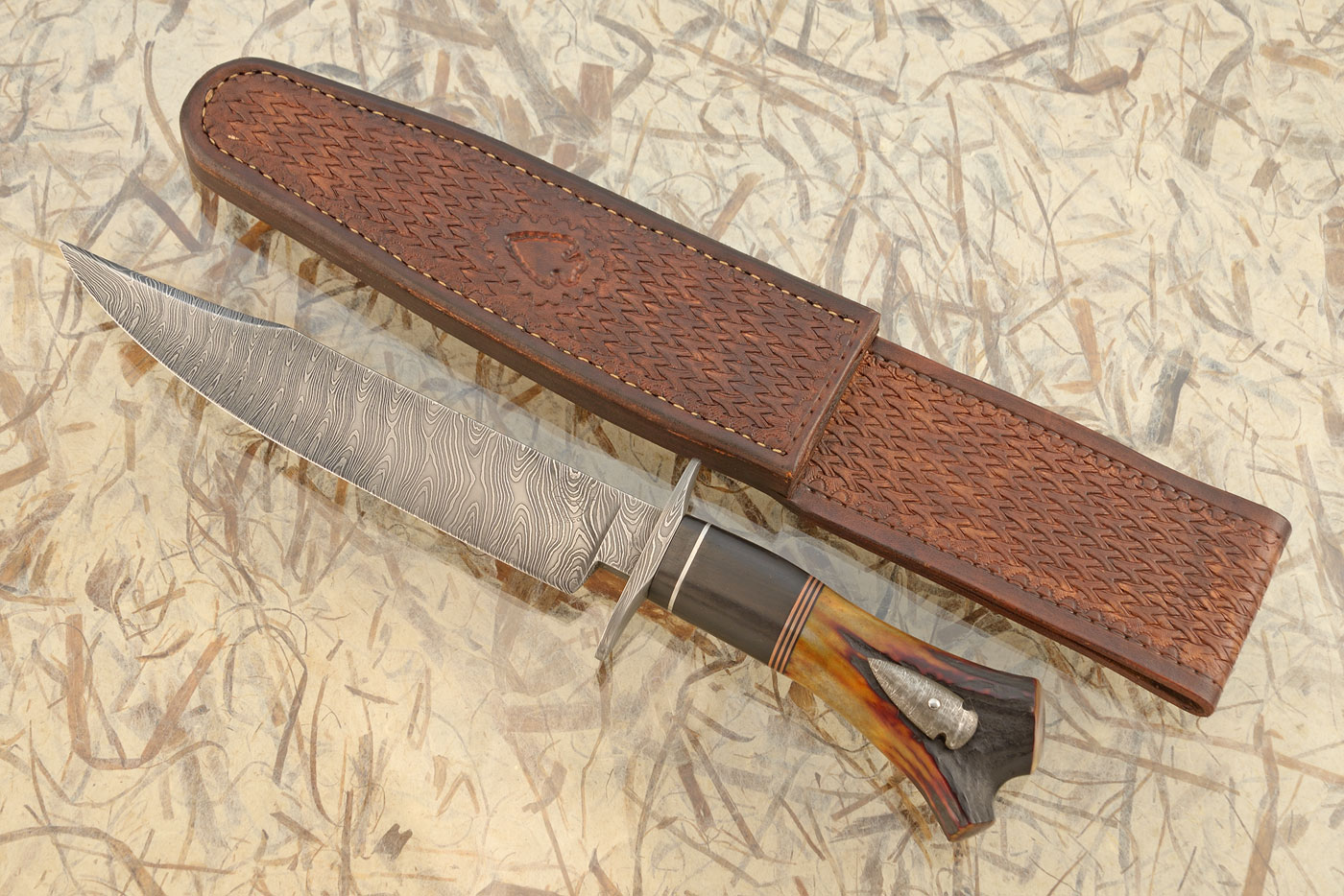 Damascus Bowie with Stag and African Blackwood