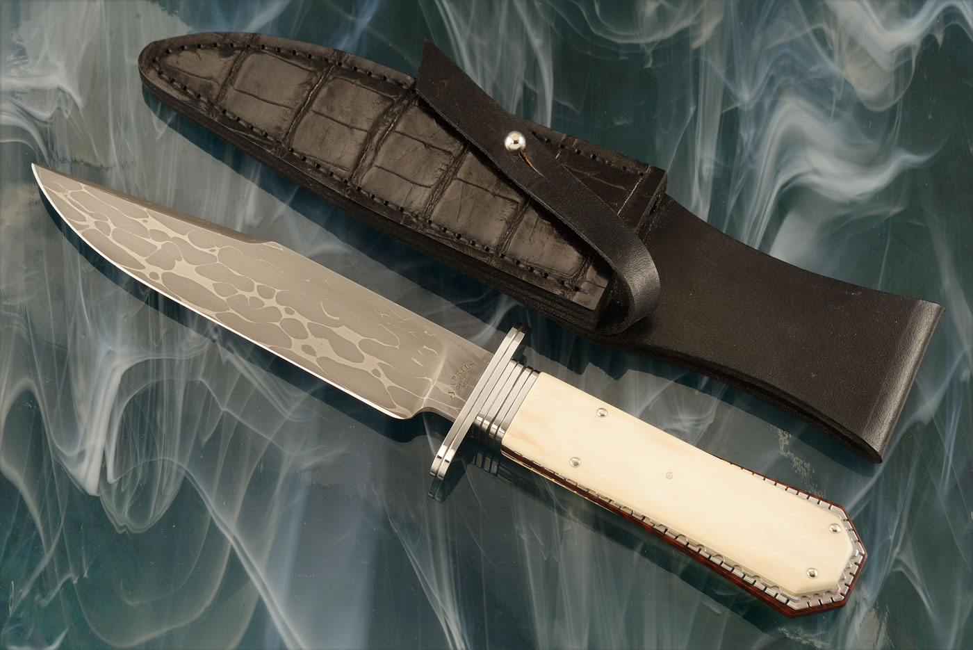 Damascus Bowie with Terraced Mammoth Ivory Coffin Handle