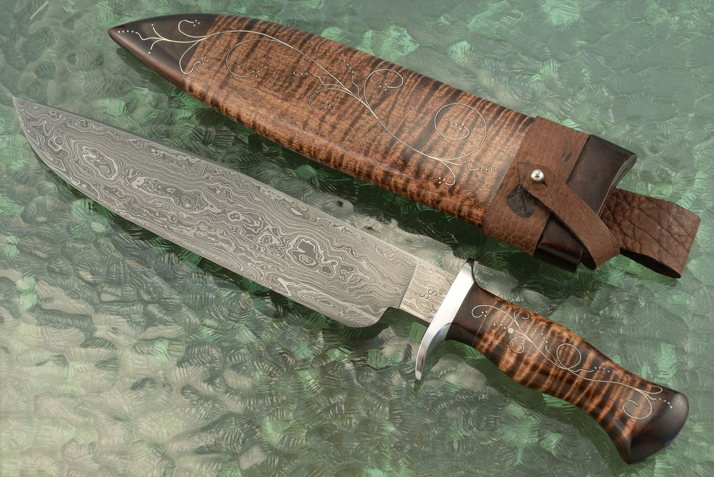 Moran Style Damascus Bowie with Silver Wire Inlaid Curly Maple
