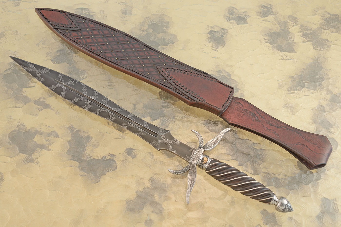 Engraved Mosaic Damascus Dagger with Fluted African Blackwood