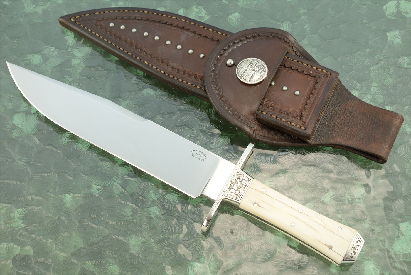 Engraved Coffin Handle Bowie with Mammoth Ivory