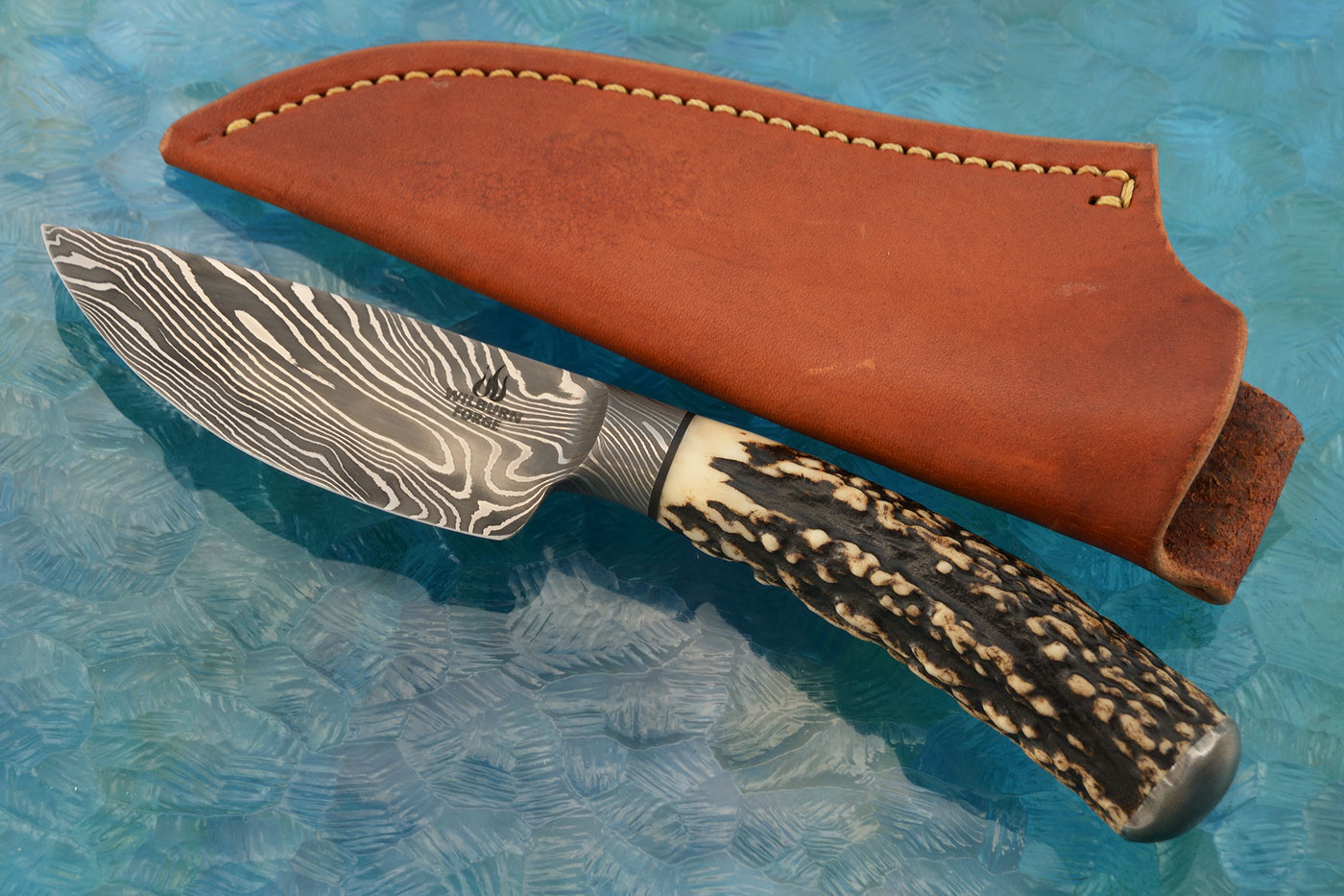 Integral Damascus Hunter with Stag and Wrought Iron