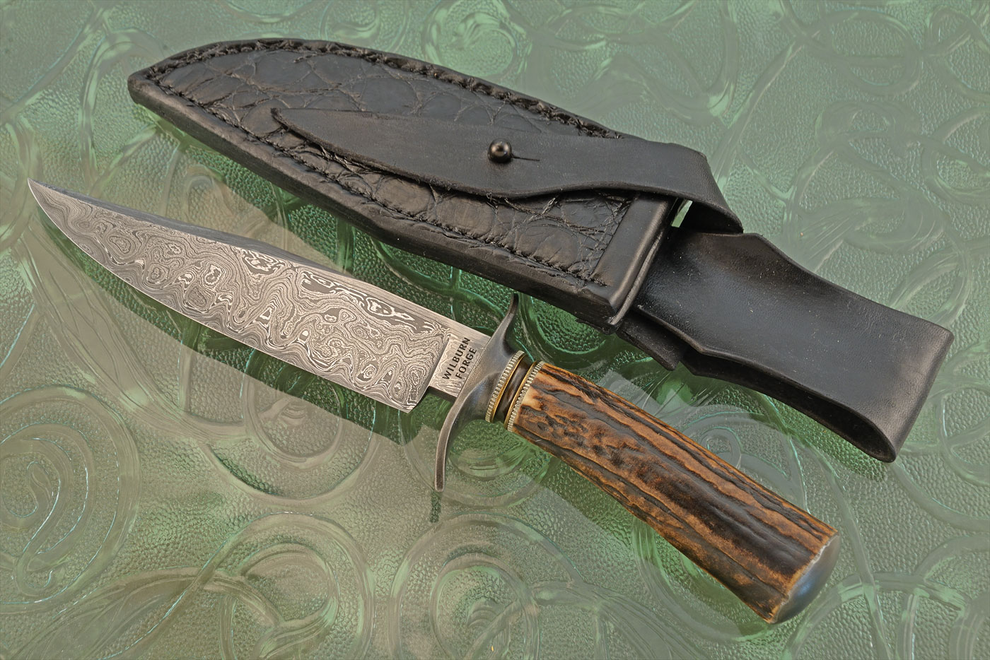 Damascus Bowie with Stag and Wrought Iron