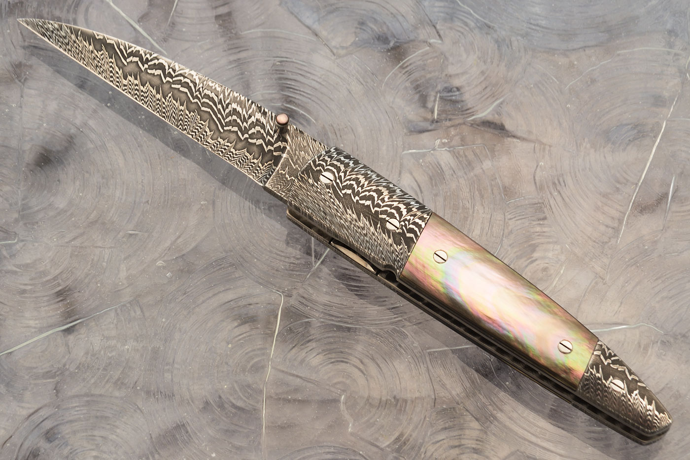 Damascus Wharncliffe with Blacklip Mother of Pearl