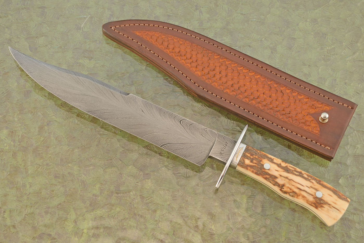 Engraved Feather Damascus Bowie with Mammoth Ivory