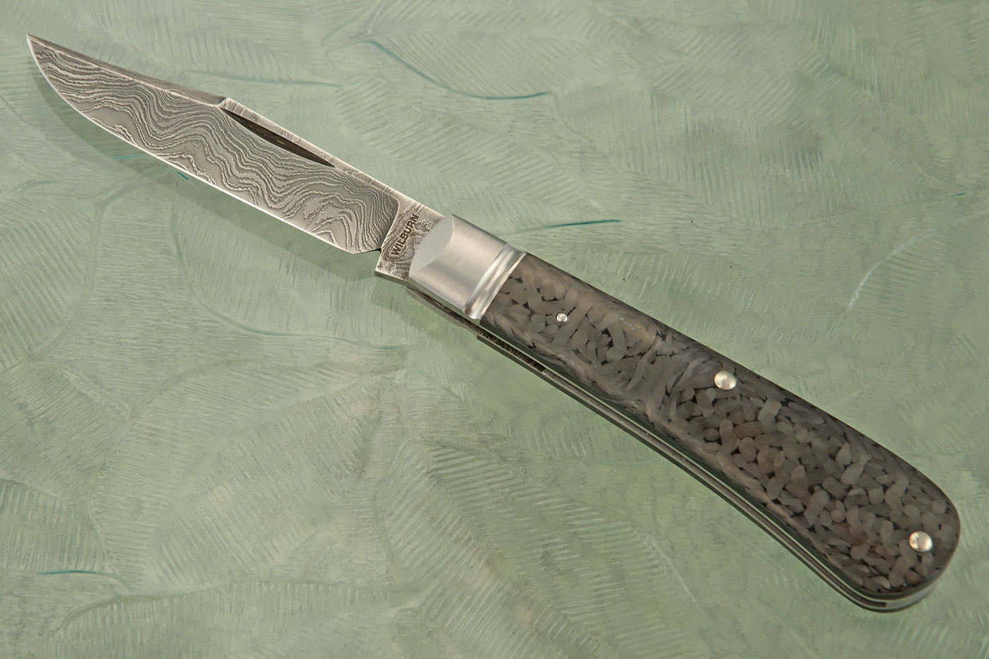 Damascus SlipJoint Trapper with Carbon Fiber