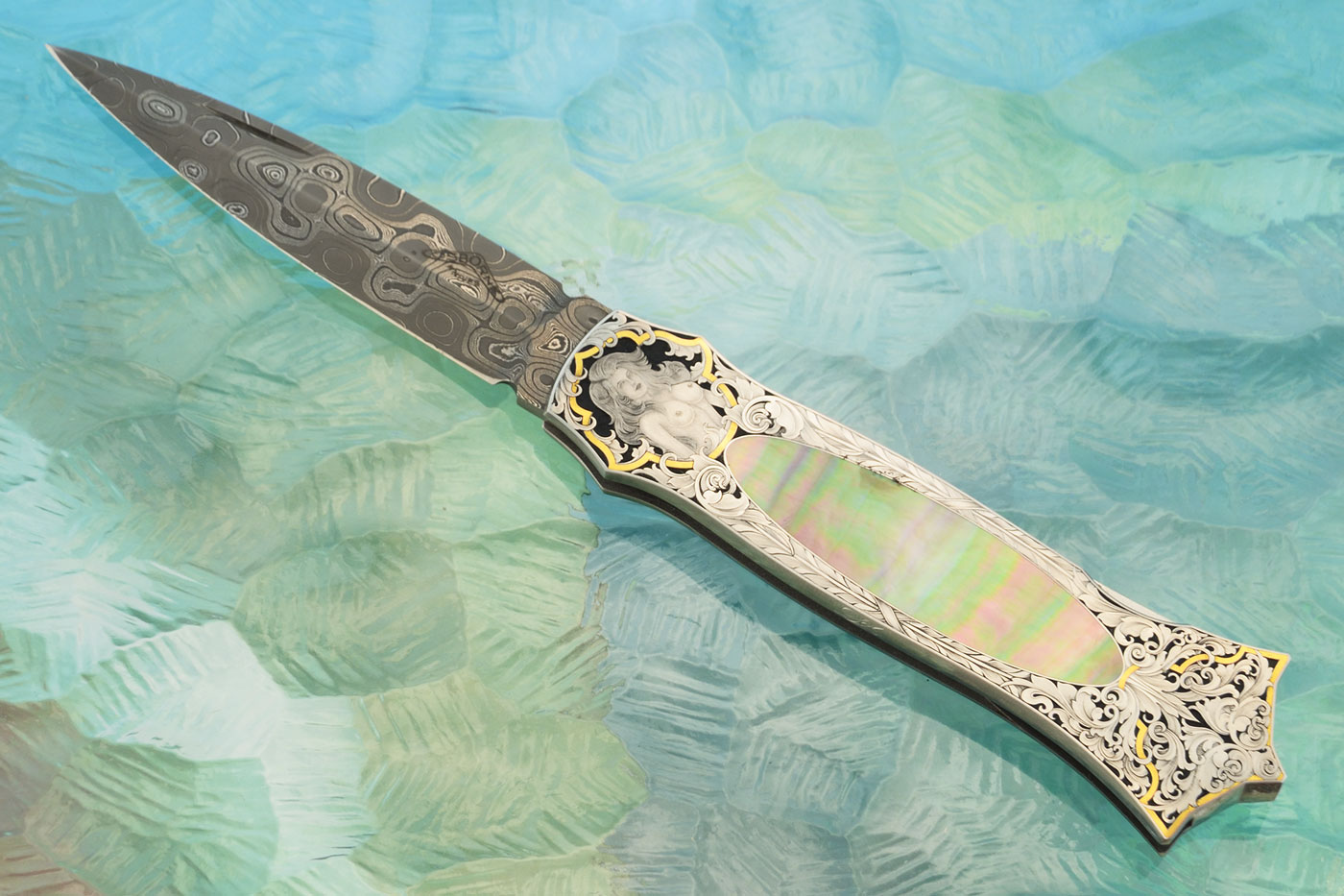 Damascus Backlock Interframe with Bulino Engraving and Blacklip Mother of Pearl (Prototype)