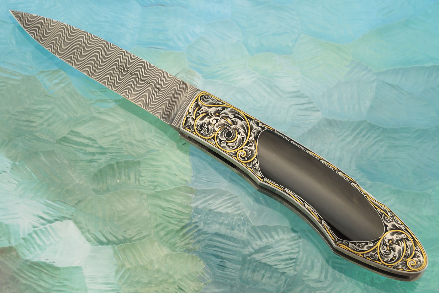 Damascus Backlock Interframe with Engraving, Gold, and Black Jade