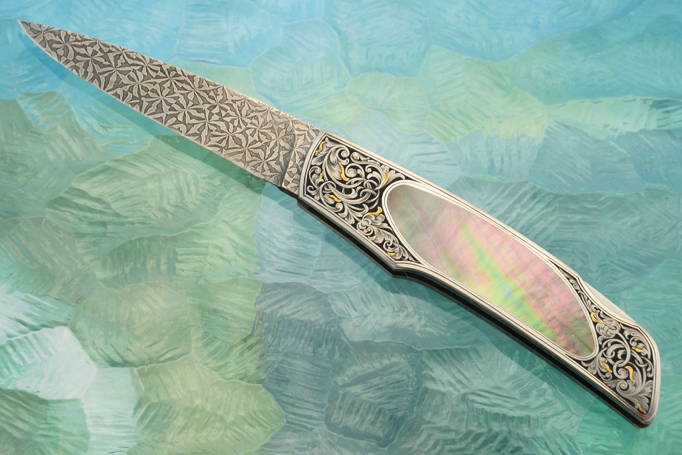 Engraved Backlock Interframe with Blacklip Mother of Pearl, Damascus and Gold Inlay