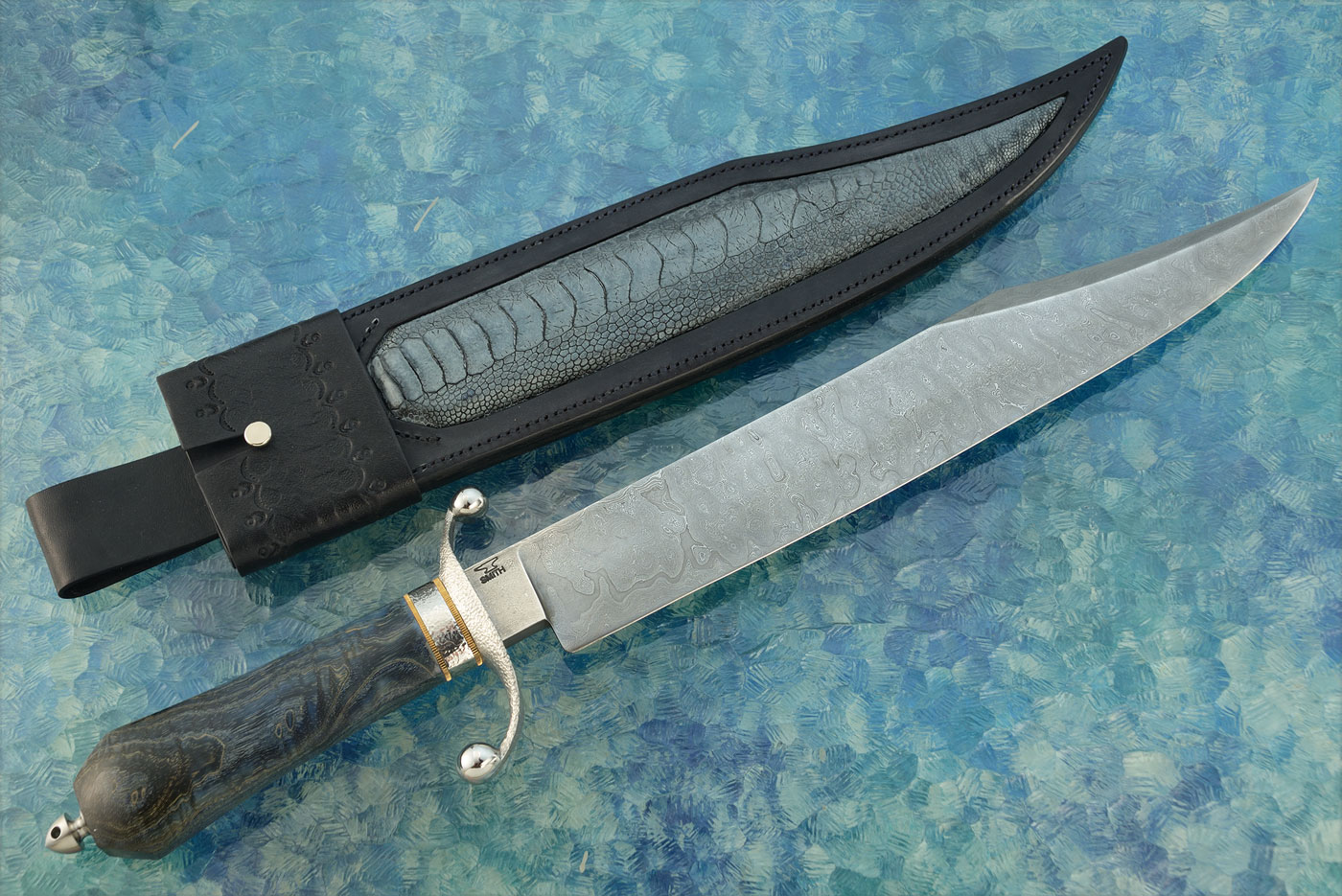Damascus S-Guard Bowie with Dyed Tamo Ash
