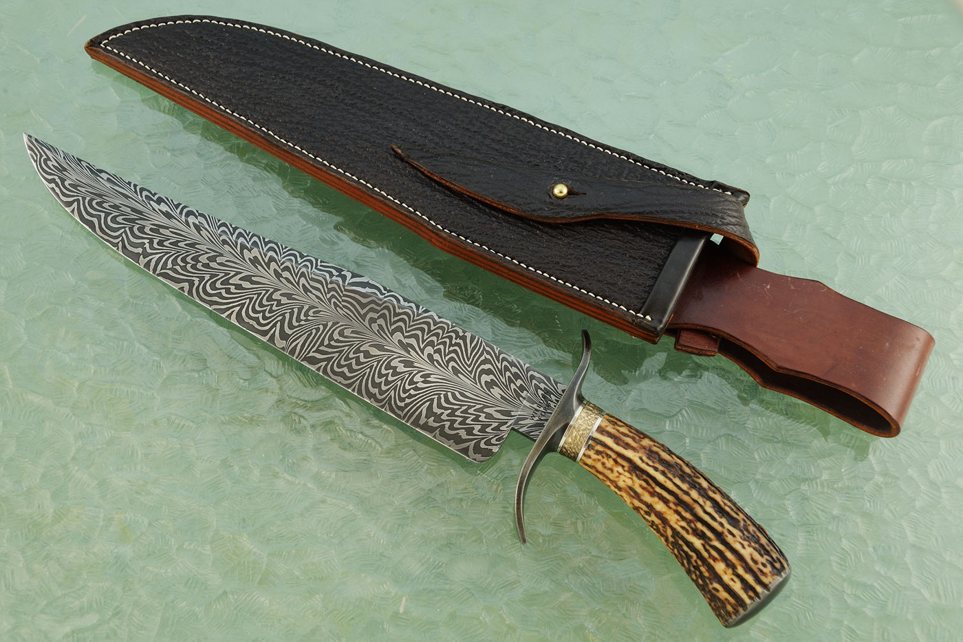 Feather Pattern Damascus Bowie with Sambar Stag and Wrought Iron