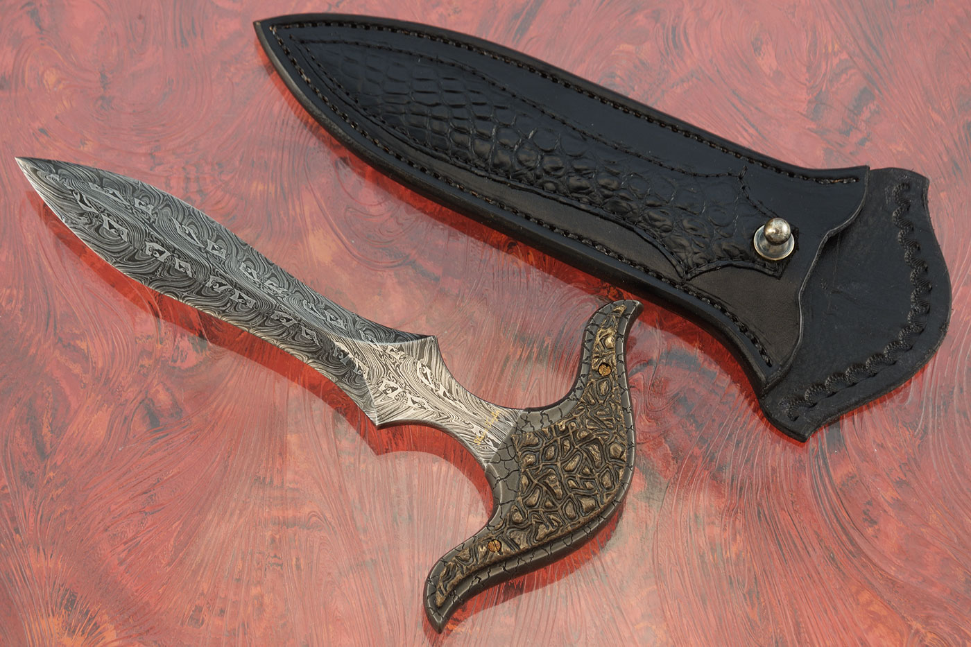Flying Dragons Damascus Push Dagger with Forge Textured Bronze