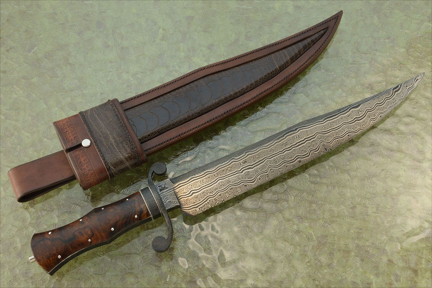Damascus Gambler Bowie with Ironwood